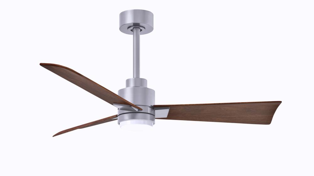 Alessandra 3-blade transitional ceiling fan in brushed nickel finish with walnut blades. Optimized f