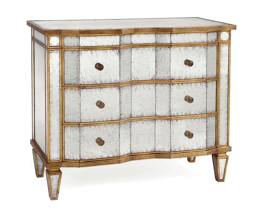 Eglomise chest of drawers with angular front, gold leaf molding and antique brass handles.  Three dr