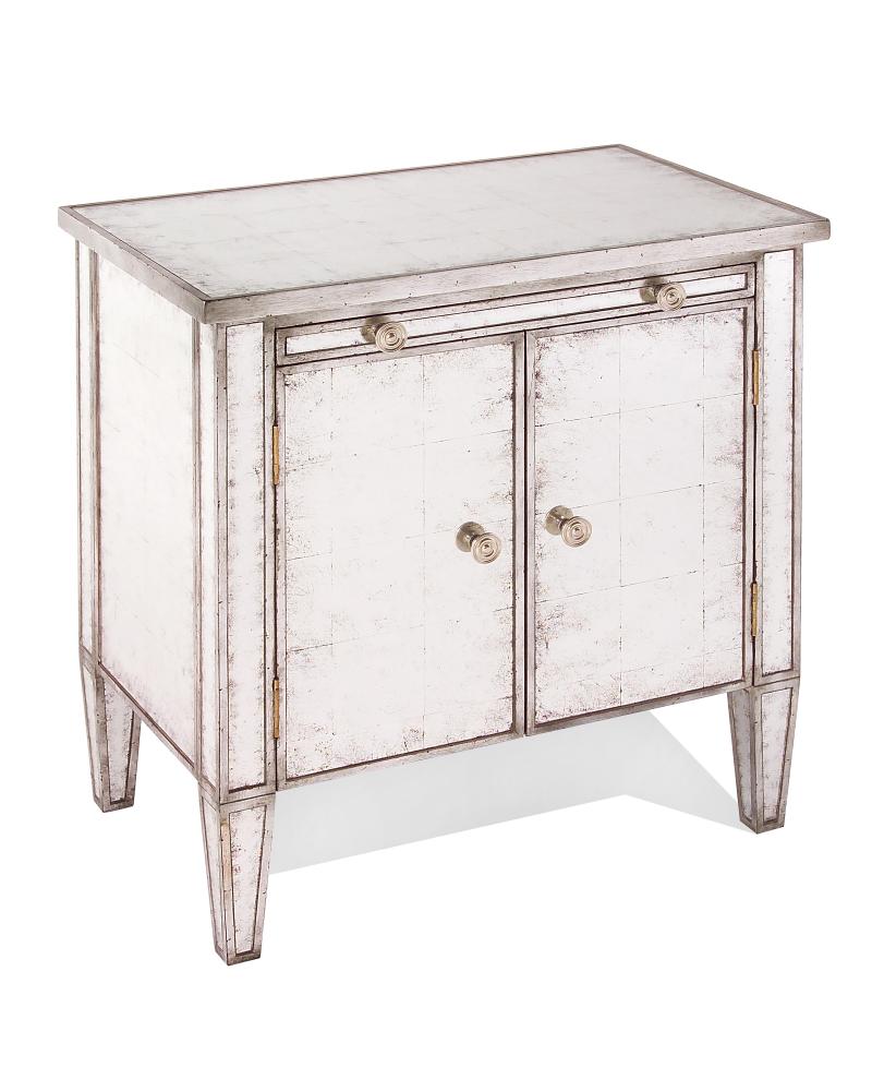 Eglomise Nocturne Two Door Chest. Bedside chest finished in distressed silver gilt with hand-antique
