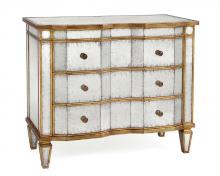 John Richard EUR-01-0088 - Eglomise chest of drawers with angular front, gold leaf molding and antique brass handles.  Three dr
