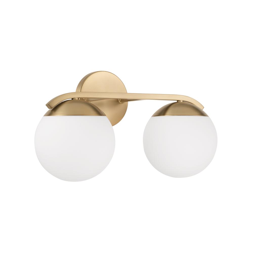 17"W x 9.50"H 2-Light Vanity in Matte Brass with Soft White Glass Globes